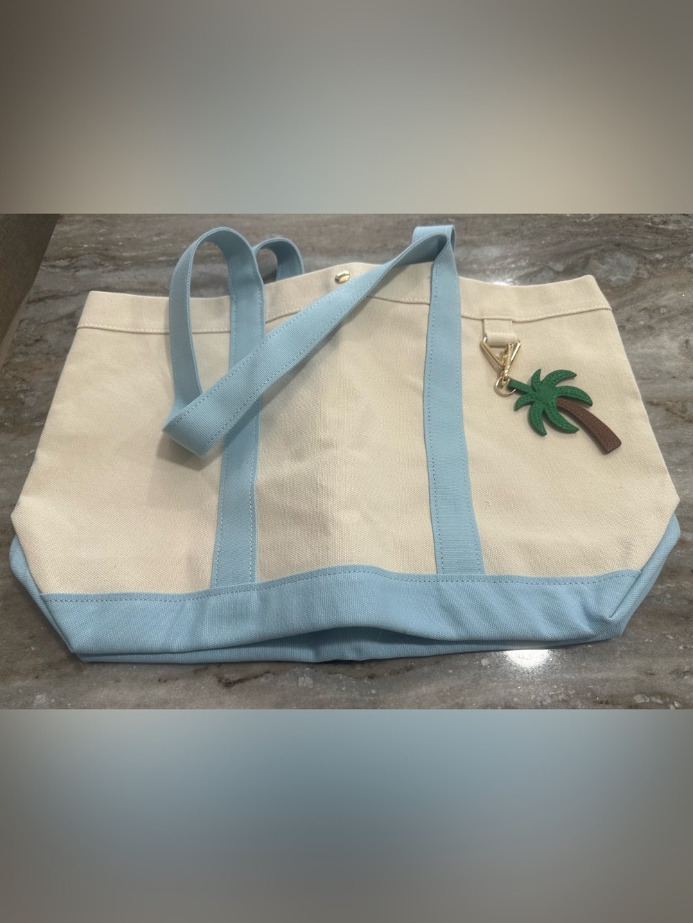 BaubleBar Cream Canvas Tote with Light Blue Trim